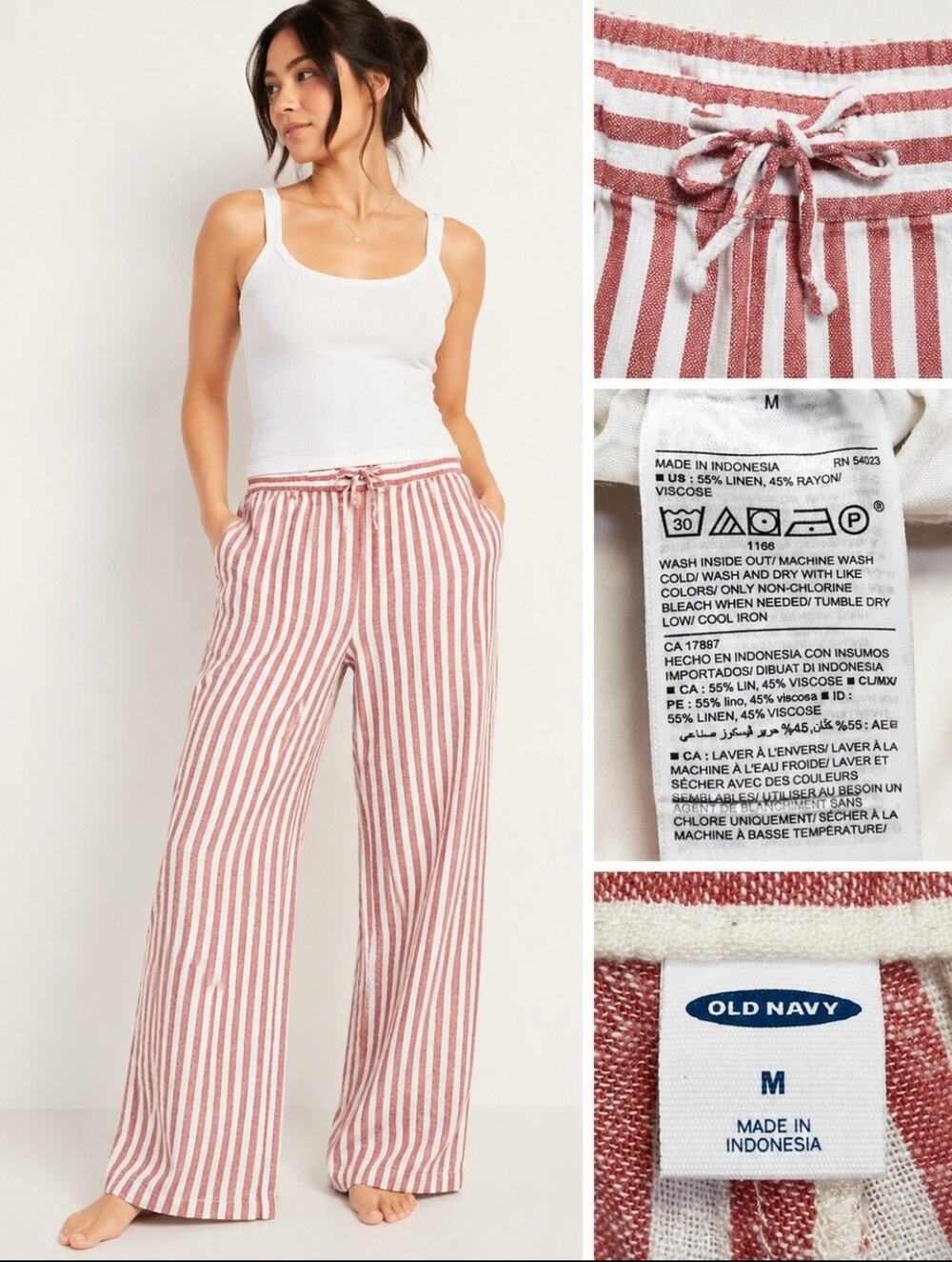 Coastal Resort Old Navy Women's Linen Wide Leg Pants Size M Red White Stripe